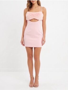naked wardrobe Pink Faux-Fur Bust Cutout Mini Dress
